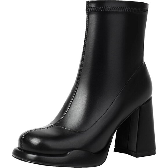 🆕Women Black Boots Platform Chunky Heel Ankle Boots Square Toe Mid Calf Boots - Picture 1 of 6
